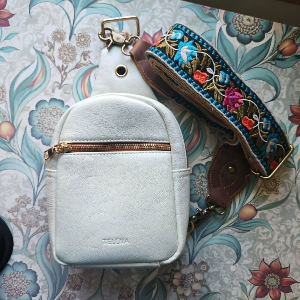Telena Sling Bag White  Leather Small Crossbody With Coloful Lotus Guitar Strap